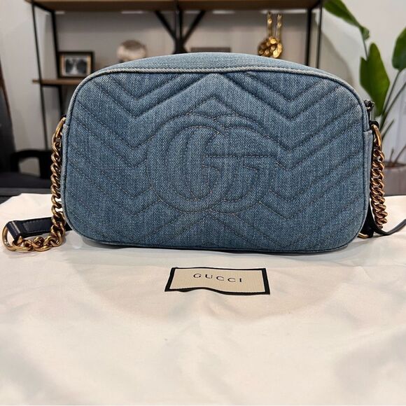 GUCCI
Denim Matelasse Embroidered Small GG Marmont Chain Shoulder Bag Blue - Picture 5 of 12